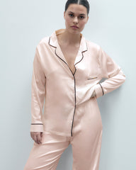 Satin Pajama Set with Black Piping and Bow