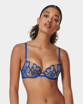 Blue Embroidered Sheer Lace Bra