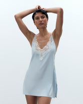Luxury Satin Chemise Ice Water Blue Lace Trim