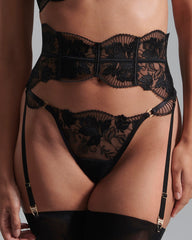 Black Lace Suspender Belt with Delicate Floral Embroidery