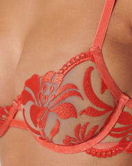 Floral Embroidered Lace Bra Coral Mesh