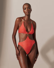 Plunge Cutout Swimsuit Coral Waves