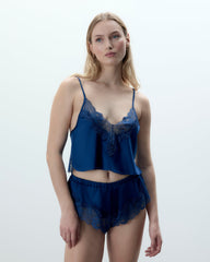 Satin Cami and Short Set Navy Lace Detailing