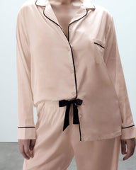 Satin Pajama Set with Black Piping and Bow