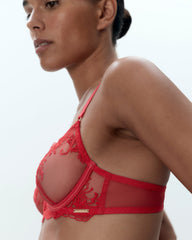 Red Embroidered Sheer Bra Floral Lace