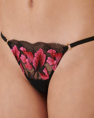 Floral Embroidered Mesh Thong with Scalloped Trim