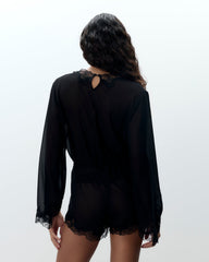 Black Chiffon Teddy With Lace Trim