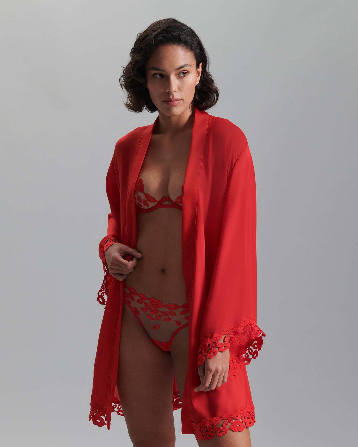 Sheer Chiffon Kimono with Romantic Red Embroidery