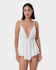 Elegant Loungewear Teddy with Plunge Neckline and Ruffle Skirt