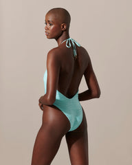 Plunge Halter Swimsuit Wave Texture Blue Paradise