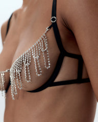 Open Cup Diamante Bra Black Silver Glamour