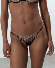 Draped Diamante Chain Thong Black Silver