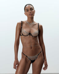 Draped Diamante Chain Thong Black Silver