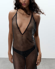 Sheer Mesh Chemise Black Rhinestone Embellished