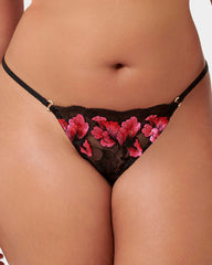 Floral Embroidered Mesh Thong with Scalloped Trim